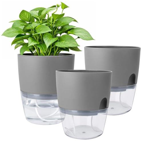 Hunwutef Pot à Herbes Lot de 3 Pots de Fleurs à Arrosage Automatique avec Système d'Irrigation - 18,2 x 11 x 15,3 cm - Cache-Pot avec Soucoupe - Idéal pour l'Intérieur et Les Jardins de Balcon