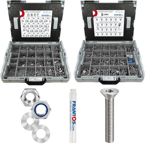 FRANTOS L-BOXX Schrauben Muttern Sortiment 8.190 tlg. (Edelstahl A2) Set aus ISO 10642 Senkkopfschrauben + Sechskantmuttern, Stoppmuttern & Unterlegscheiben inkl. Meterstab
