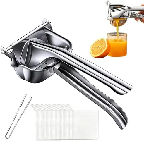 Nimblyne Spremiagrumi manuale in acciaio inossidabile: spremiagrumi in acciaio inox con clip alimentare e 30 sacchetti per spremiagrumi, spremiagrumi per limoni e lime per bar ristoranti e cucine