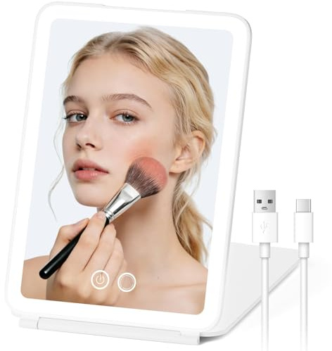 BNEHHOV Espejo Cosmético Portátil 3 Colores de luz Brillo Ajustable | Espejo de Maquillaje con Luz LED Recargable con 72 Leds Batería 2000 mAh, Control Táctil, Espejo Plegable de Mesa para Viaje
