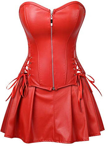 Grebrafan Women Faux Leather Zipper Corset with Skirt Gothic Punk | Punk rock roll style corset set for town's witches night out or vampire dance party, Leather bodice with hourglass shape