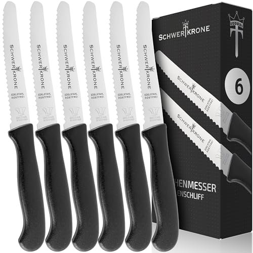 Schwertkrone® Frühstücksmesser [ROSTFREIER EDELSTAHL] - Brötchenmesser Messer - Brotzeitmesser Jausenmesser Tafelmesser - Schneidemesser Wellenschliffmesser - Vespermesser Sägemesser (6er Set)