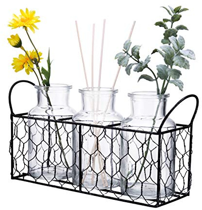 Diamond Star 3Pcs Clear Glass Milk Bottle Vases in Basket Caddy Vintage Style Jars Sets (3Pcs, 11L X 3W X 5.5H)