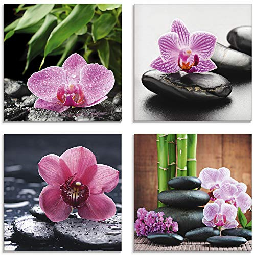ARTland Wanddeko Glasbilder Wandbild Glas Bild Set 4 teilig je 40x40 cm Quadratisch Asien Wellness Zen Pflanzen Blumen Orchideen Steine Entspannung S6MH