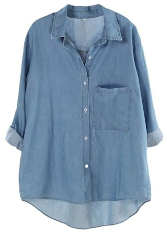 Minibee Women's Casual Cotton Linen Blouse Plus Size High Low Shirt Long Sleeve Tops Denim Blue 2XL