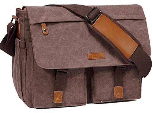 VASCHY Kurirväska män, vintage vattentålig vaxad duk 15,6 tum bärbar dator axelväska portfölj skolväska med vadderad axelrem, B-14 tums-kaffe-1, Cross-Body Väskor