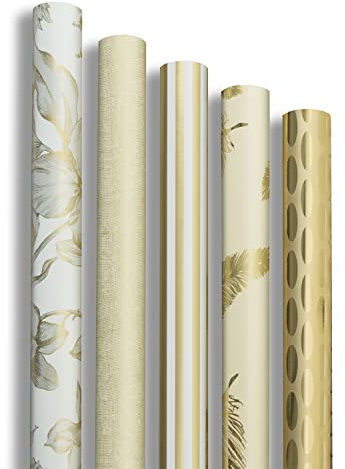 Clairefontaine 211846AMZC - Un Carton De 10 Rouleaux De Papier Cadeau - Papier Premium 80g - Dimensions : 2x0,70m - Motif : Or, Brillant, Géométrique, Plumes, Fleurs - Emballage Cadeau