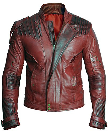 Giacca da uomo in vera pelle da motociclista Chris Pratt Star Lord rosso invecchiato marrone, Rosso invecchiato., XL