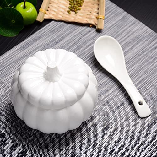 RAN Ceramic Pumpkin Bowl with Lid and Spoon, Household White Bone China Coffee Sugar Bowl Porcelain Honey Jar Sugar Dispenser Honey Pot