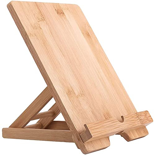 FadyDail Bambú Soporte Tablet Mesa, Madera Tablet Stand para Escritorio, Ajustable Soporte Móvil Soporte Teléfono Celular Soporte para iPad Pro 12.9 Todas Las Tablet (Tamaño Grande)