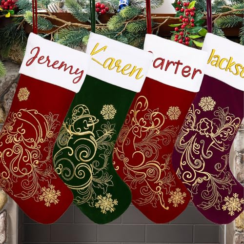 Personalisierte Weihnachtsstrümpfe aus Samt mit gesticktem Muster, Buchstaben, Initiale, Familiendekoration, große Kamin-Strümpfe, Plüsch-Manschette, Urlaub, Party, Zuhause, Weihnachtsbaumdekoration