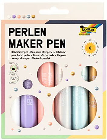 folia 36029 - Perlen Maker Pen, 6 Perlenstift à 30 ml für 3D Farbpunkte auf Papier, Textil, Holz, Keramik, nach Trocknung wasserfest und waschbar bei 30 Grad