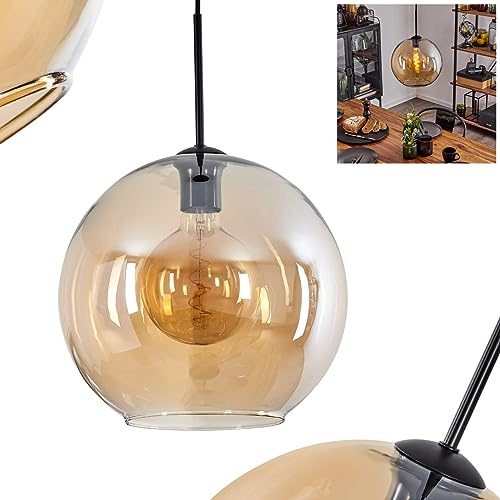 HOFSTEIN Hängeleuchte Koyoto, 1-flammige Hängelampe aus Metall/Glas in Schwarz/Bernsteinfarben, moderne Pendelleuchte im Retro/Vintage-Design, Ø 30 cm, E27, Esszimmer, Küche, Wohnzimmer