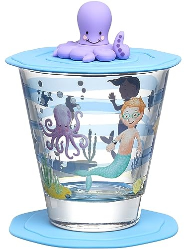 Leonardo Bambini Avventura 023676 - Bicchiere per bambini con coperchio e sottobicchiere, motivo in vetro di alta qualità, misura S, contenuto 215 ml, lavabile in lavastoviglie, set da 3 pezzi con