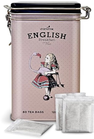 Charbrew Alice In Wonderland Alice & Flamingo English Breakfast Metal Tea Tin Caddy Gift – 60 Teabags Black Tea
