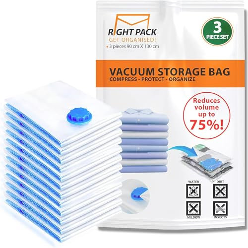 Right Pack Vacuum Storage Bags - Pack Of 3 | X-Large 90 x 130 CM | Airtight & Reusable Storage Bags | Space Saving Bags for Clothes, Pillows & More
