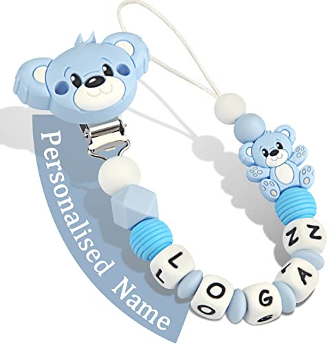 Yolnkos Schnullerkette mit Namen Jungen Mädchen Personalisiert Schnullerclip Teddy Bär(Hellblau)