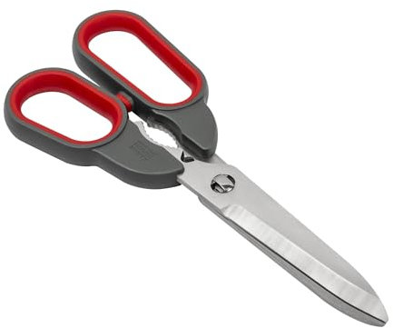 Kuhn Rikon Self-Sharpening Universal Shears with Herb Stripper and Lid Opener. Stainless Steel Scissors for Left and Right-Handed Users. Great for Cutting Cardboard and Thick Plastic Packaging