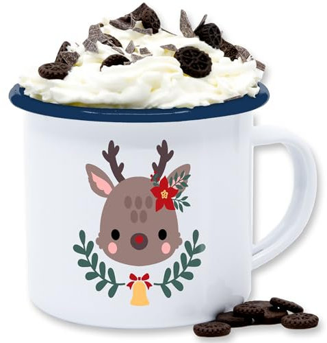 Emaille Tasse Blechtasse - Weihnachtstasse - Süßes Rentier zu Weihnachten - 300 ml - Weiß Blau - weihnachtstassen christmas tassen weihnachtsbecher weihnachtsmotiv weihnachts teetasse