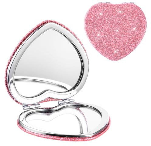 Mabor Espejo de bolsillo portátil de doble cara con aumento 1x/2x, espejo en forma de corazón, espejo de bolsillo compacto para mujeres y niñas, mini espejo de tocador lindo para bolso, billetera, ofi
