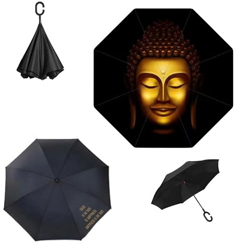 meinsider Regenschirm mit C-Griff Reverse Stockschirm umgekehrt öffnen. Schirm sturmfest mit UV Schutz als Sonnenschirm. Inverted Umbrella groß für Damen und Herren Buddha