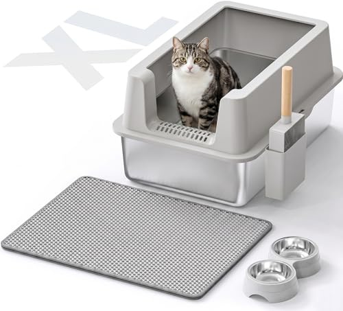 Stainless Steel Cat Litter Box - Enclosed XL Metal Kitty Litter Box with Lid for Big Cats, High Sided, Anti-Leakage, Easy Cleaning, Non-Sticky, Included Litter Mat, Cat Bowl & Spoon