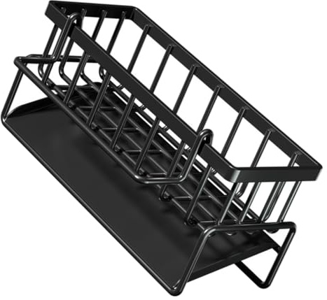 MOLUCKFU Kitchen Sink Sponge Holder and Dish Cloth Rack with Drain Tray, Multi-Functional Black Plastic Storage Rack for Kitchen Sink Organization and Sponge Drainage