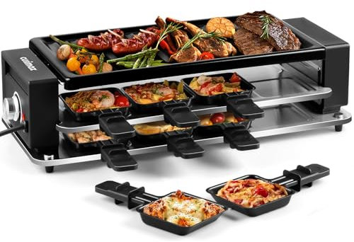 CUSIMAX Raclette Grill, Steuerung Partygrill für 8 Personen, Antihaftbeschichtung Grillplatte, Stufenlos Regulierbare Temperatur, 8 Mini Pfännchen und Holzspatel
