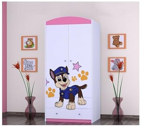 BDW - Kinder Kleiderschrank - Kinderschrank Super Hunde Motiv - Aufbewahrungsschrank für Jugendzimmer, Kinderzimmer - Drucke aus sicheren Farben - 187x88x54cm - Rosa - Hund eines Polizisten