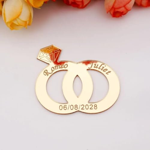 PGORSDOR 30 Stück Doppelringe Namensspiegel Custom Acryl Aufkleber Personalisierte Hochzeit Braut Gastgeschenke mit Diamant Hochzeit Souvenirs (Spiegel Gold, 4 x 3,7 cm)