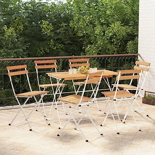 WEMYUFURN 7-TLG. Bistro-Set Klappbar Massivholz Akazie und Stahl, Outdoor-Sitzgruppe, Terrassen-Lounge-Set, Garten-Couchgarnitur - Wetterbeständig, Komfortabel - für Terrasse, Garten und Balkon