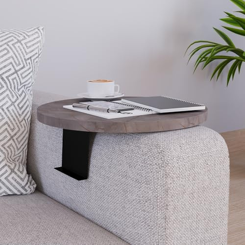 [en.casa] Tavolino Bracciolo per Poltrona Divano Piano Rotondo Ø34 cm Supporti Regolabili in Larghezza Vassoio da Appoggio Tavolino Laterale Divano - Effetto Marmo Grigio