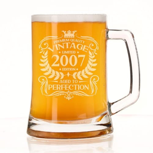 Always Looking Good 18th Birthday Gift for Men Vintage 2007 Aged to Perfection Engraved Beer Stein Glass Mug Present for 18 Year Old Etched Lager Half Litre Beer Stein Tanker Glasses