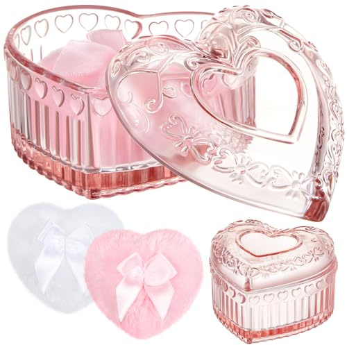 Tioncy 3 Pcs Large Body Powder Puff and Container, Heart, Pink | Powder Container with Puff, Crystal Case, Mother's Day Gift, Soft Washable Reusable Velour for Face Body Wet Dry Makeup