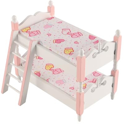 FONGKNOX Doll Bunk Bed 1/12 Scale Wooden Dollhouse Miniature Furniture Model Mini Bunk with Ladder Dollhouse Bedroom Accessories Pink
