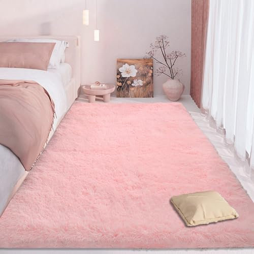 CUIMEI Hochflor Teppich 70 x 100 cm, Waschbar, Flauschige Oberfläche, Robust, Spitzenqualität, Pflegeleicht, in Vielen Farben & Größen, Waschbarer Teppich Extra Weich, Hellrosa