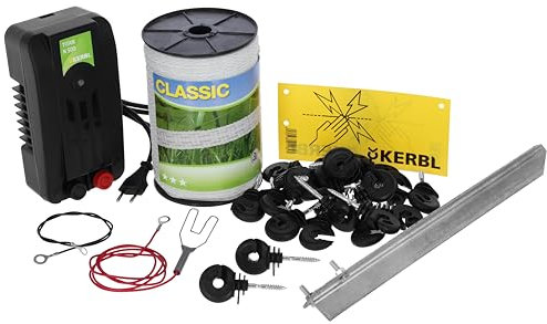 Kerbl Hobby Weidezaun-Starterset mit 230-Volt-Netzgerät, Weidezaunband, Erdpfahl, Isolatoren – Komplettset für Elektrozaun, Weidezaungerät 441156
