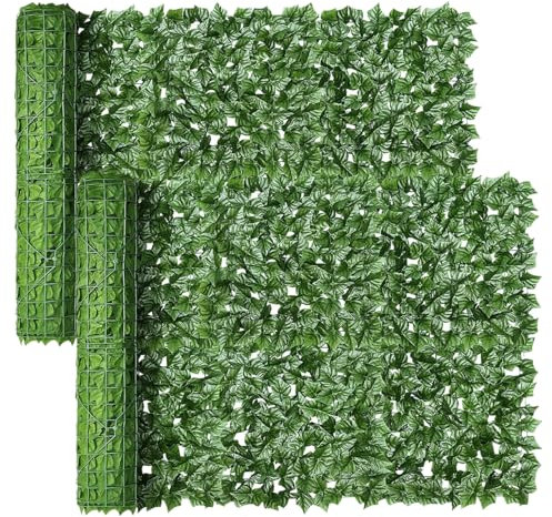 2PCS Artificial Ivy Fence Screening 5m x 1m (196x39in), Ivy Trellis Screening with 100 Green Nylon Ties, Artificial Hedge Screening UV Fade Protected for Outdoor Garden Decor, Party, Wedding