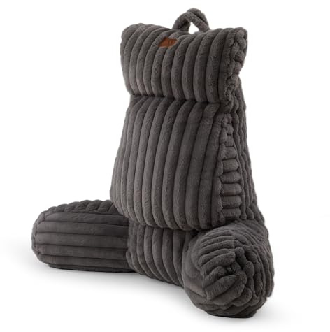 Amélie Home Faux Fur Reading Pillow with Pocket for Sitting in Bed, Adult Backrest Bed Pillow with Washable Cover for Lounging, Watching TV/Reading/Gaming/Resting/Post/Surgery/Nursing, Grey 29 inches