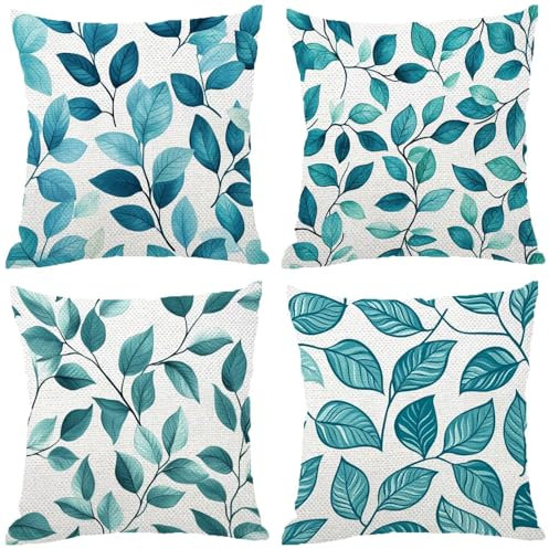 Fodere Cuscini da Esterno Impermeabili, Foglie Federe Cuscini Divano 70x70 Quadrate Set di 4, Doppia Faccia Stampa Lino Cushion Covers Blu Cerniera Invisibile per Aesthetic Room Decor, Regalo Z-801