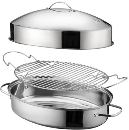 Stainless Steel Steamer Pot with Lid - Multipurpose Oval Cookware, Large Capacity Steaming & Roasting Pan with Double Handles, Easy-Clean Kitchen Cookware (46CM)