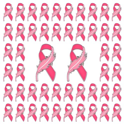 WANDIC 50 PCS Pins Octobre Rose, Broche Octobre Rose Sensibilisation au Cancer du Sein en Forme de Ruban et Plumes pour Bijoux en Émail Femme Survivant