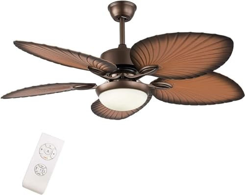 52 Tropical Ceiling Fan with Lights & Remote Control Reversible Leaf Palm Leaf Ceiling Fan Palm Leaf Ceiling Fan Living Room Bedroom with 5 Glass Lamps