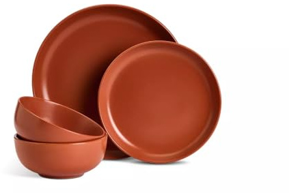 Stoneware Dinner Set, 12 Piece, Rust Colour, Plates and Bowls