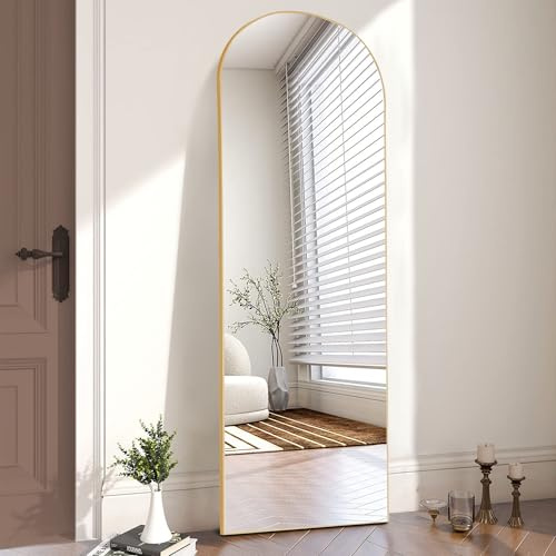 OLIXIS Arched Full Length Mirror 64.1x 21.5 for Bedroom, Full Body Mirror with Stand, Hanging or Leaning for Wall, Aluminum Alloy Thin Frame Floor Standing for Living Room, Long, Classical Gold