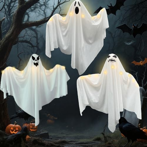 Fantome Halloween Decoration Extérieur Interieur,3 Pièces 70 Cm LED Lumiere Deco Exterieur Halloween Alimenté par Batterie,Ghost Suspension Décorations d'halloween pour Deco Exterieur Jardin Balcon
