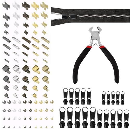 XHYASD 121 Stück Reißverschluss Reparatur Set mit Zange 5 Farben | Zinklegierung, 5 Farben, 4 Größen #3 #5 #8 #10, mit Reparaturzange, für Kleidung