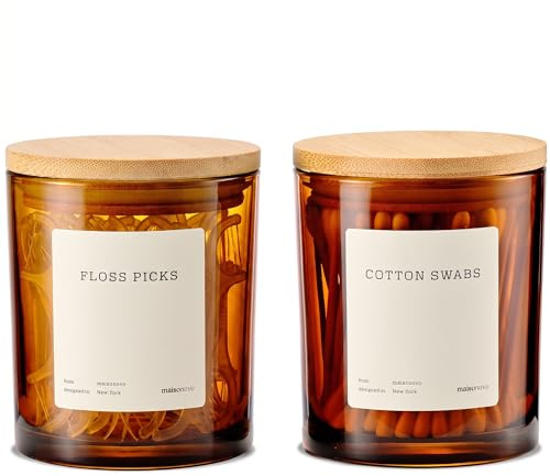 Maisonovo Glass Bathroom Containers with Lids (Airtight) - Qtip Holder - Apothecary Jars for Cotton Rounds, Swabs, Balls - Amber Bamboo Q Tip Dispenser - 2 pc Bathroom Canisters Set for Organization