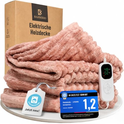 BARBERIO elektrische Heizdecke Wärmedecke staubrosa mit 6 Heizstufen, Timer, Abschaltautomatik, Überhitzungsschutz, LCD, strahlungsfrei, Anti-Milben, flauschig & maschinenwaschbar (180 x 200cm)