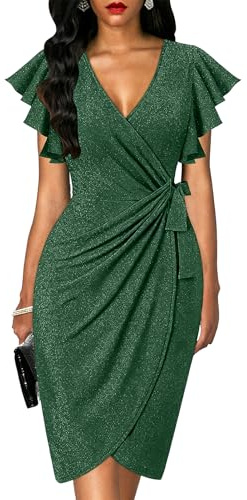 oten Womens Deep V Neck Ruffle Sleeve Sheath Casual Cocktail Party Work Faux Wrap Dress